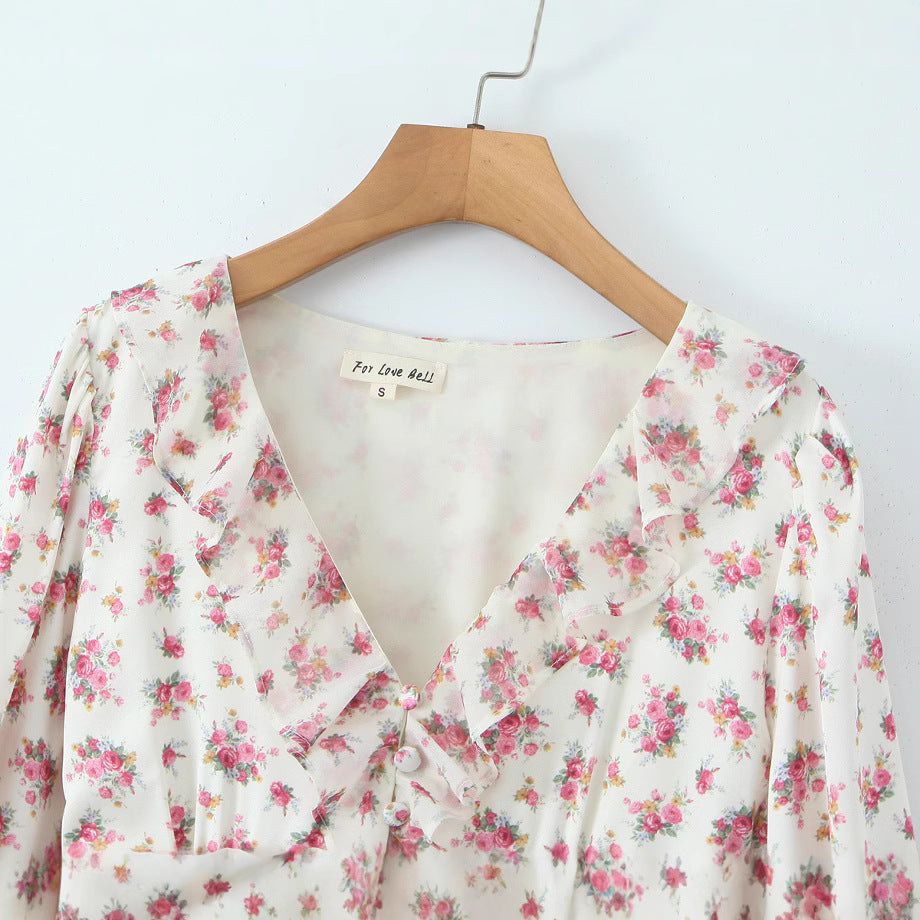 Floral ruffled V-neck long sleeved dress