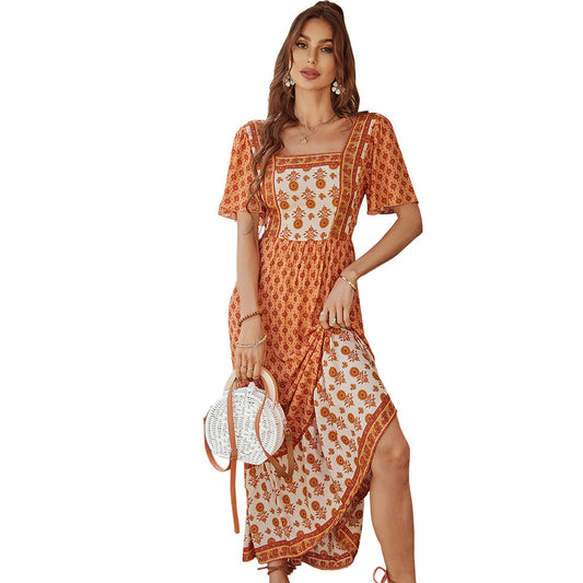 French printed vacation style square neck dress