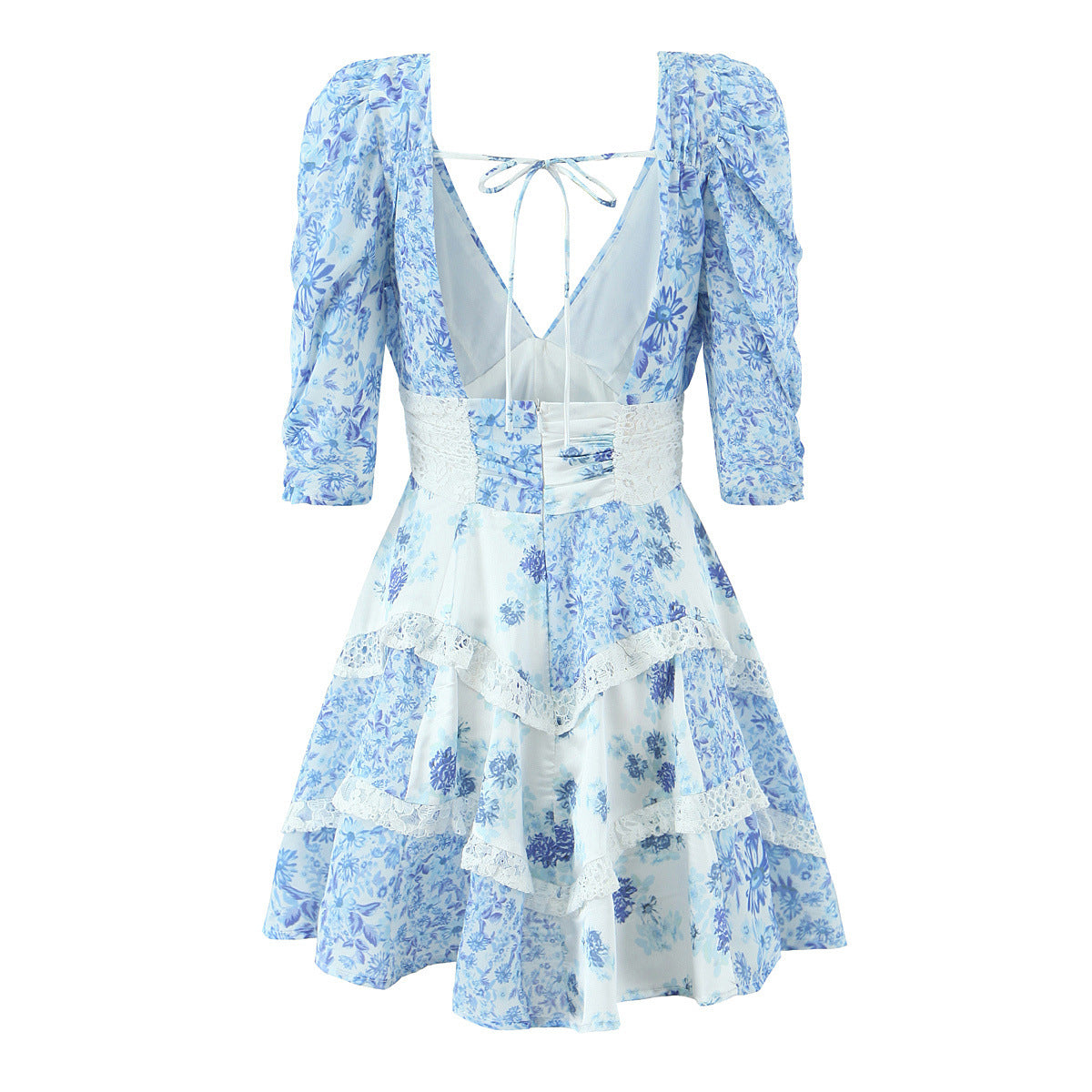 Blue and white porcelain lace patchwork V-neck dress