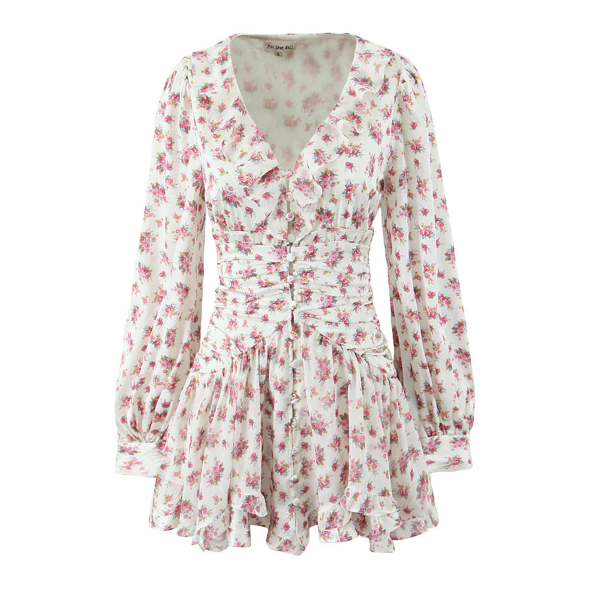 Floral ruffled V-neck long sleeved dress