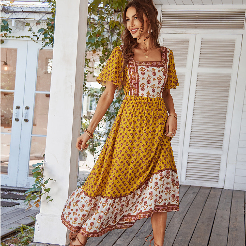 French printed vacation style square neck dress