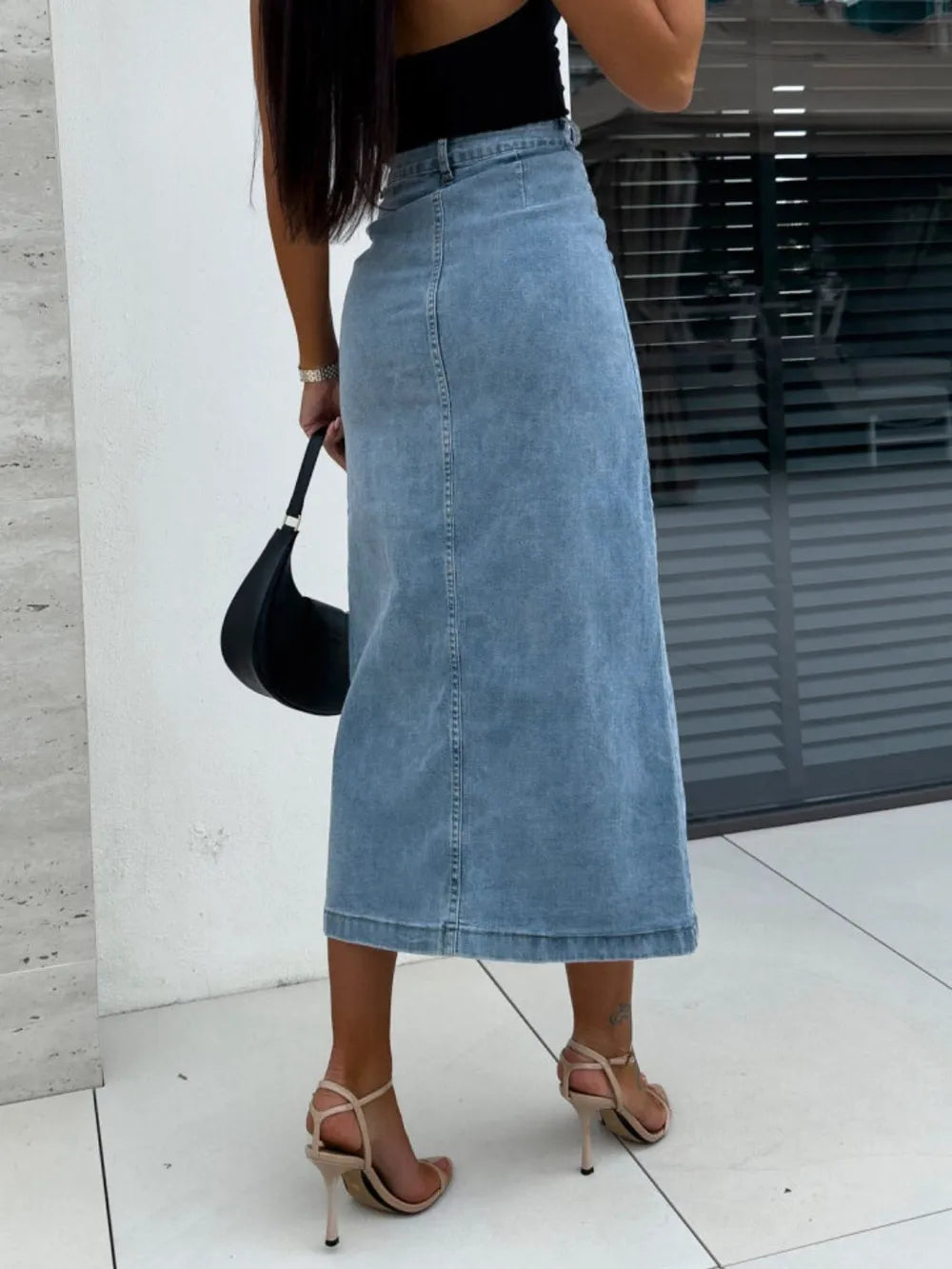 Front Button Slit Midi Denim Skirt