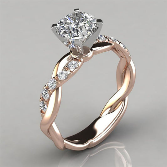 European and American jewelry 18k rose gold plated two-tone princess square diamond ring cross twist diamond ring