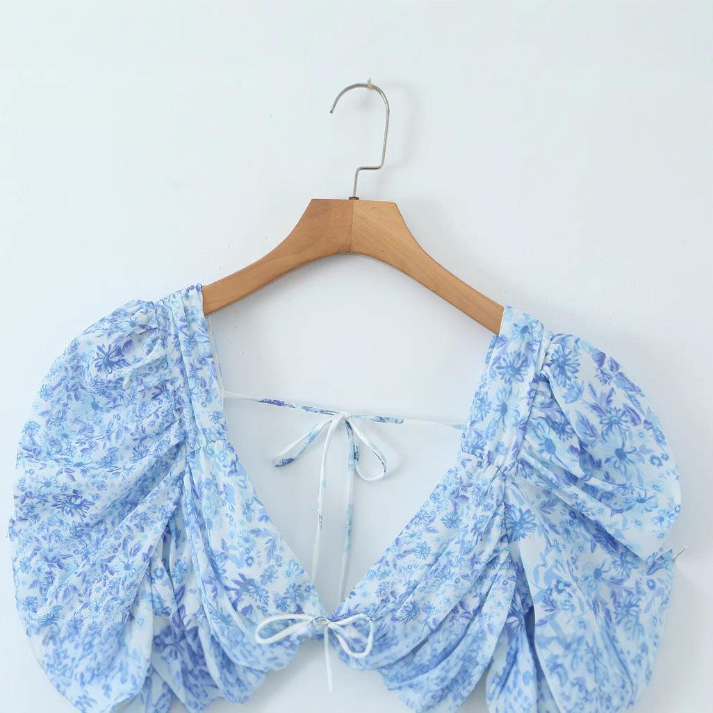 Blue and white porcelain lace patchwork V-neck dress