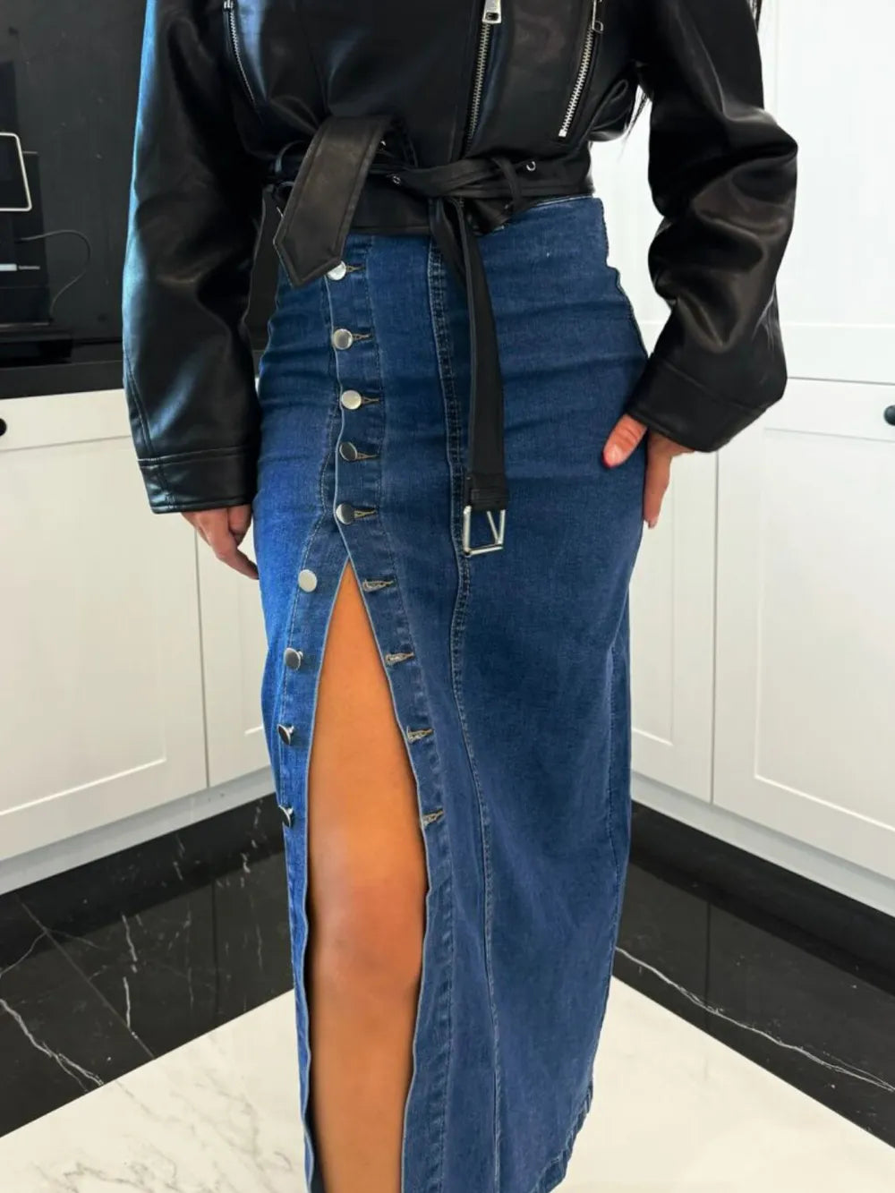 Front Button Slit Midi Denim Skirt