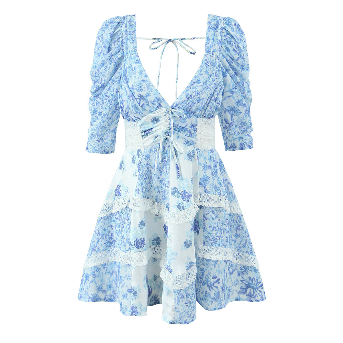 Blue and white porcelain lace patchwork V-neck dress