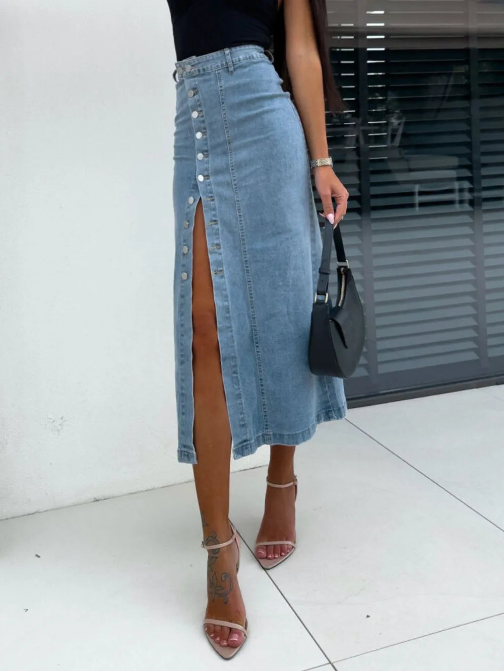 Front Button Slit Midi Denim Skirt